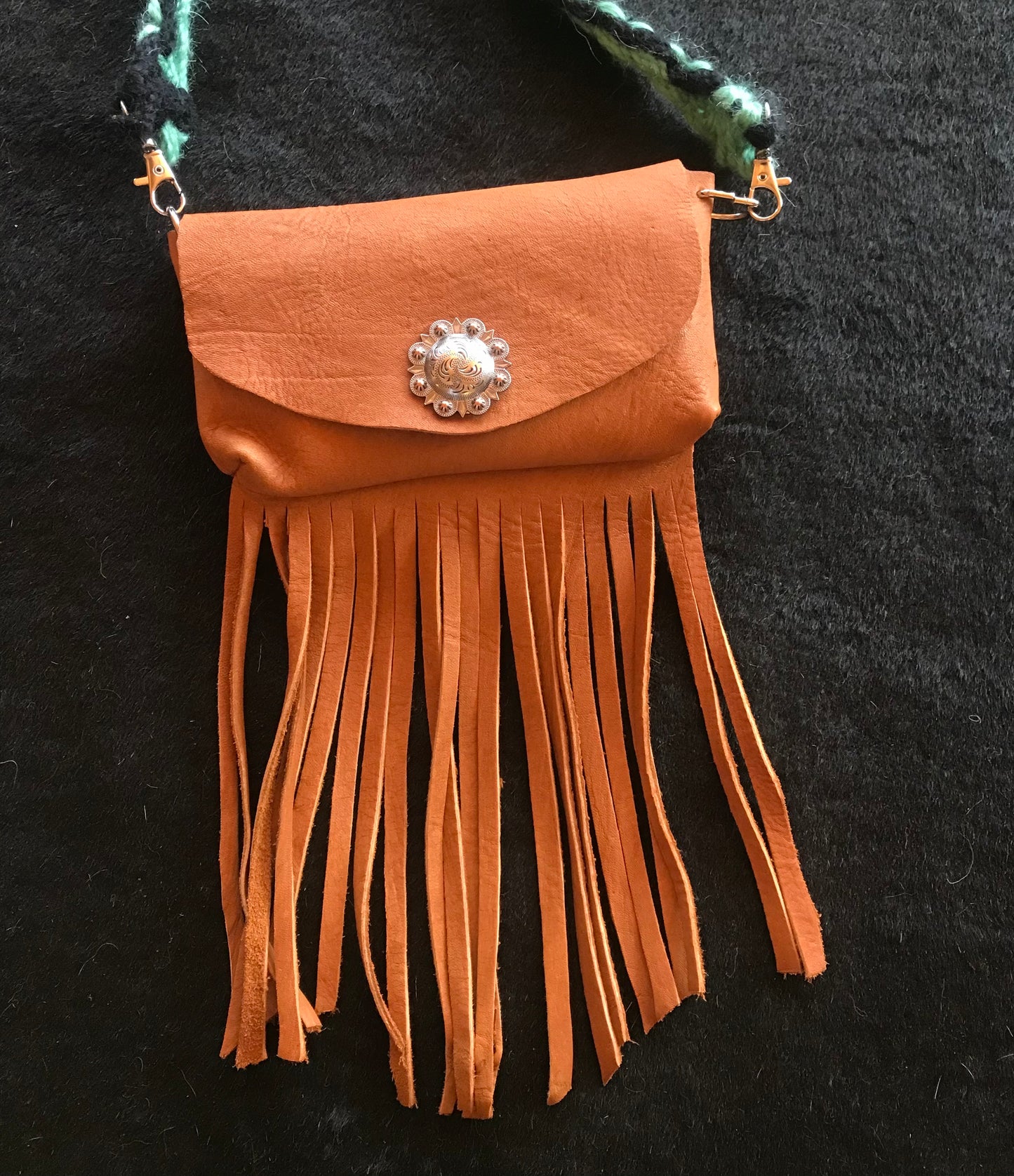 Concho Dark Leather Fringe Purse