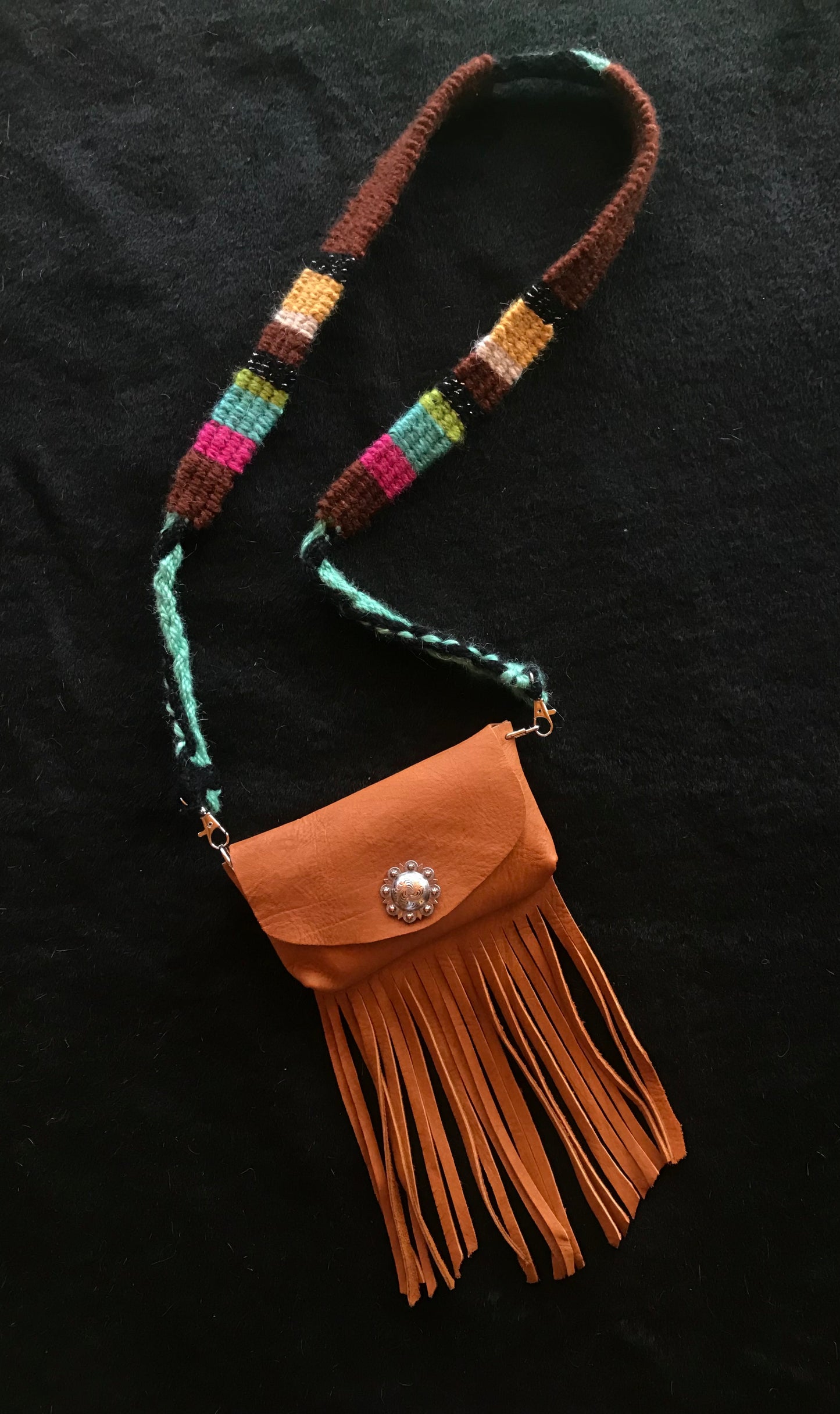 Concho Dark Leather Fringe Purse